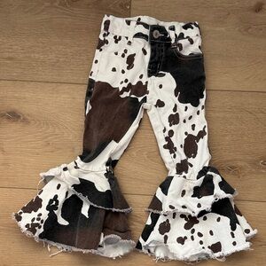 Girls Cow Print Ruffled Hem Jeans - Brown & White